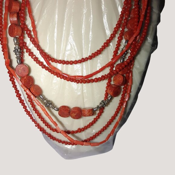 Red Coral Multi Strand Necklace 16 Inch Mexican 925 Sterling Silver Intricate - Picture 5 of 11